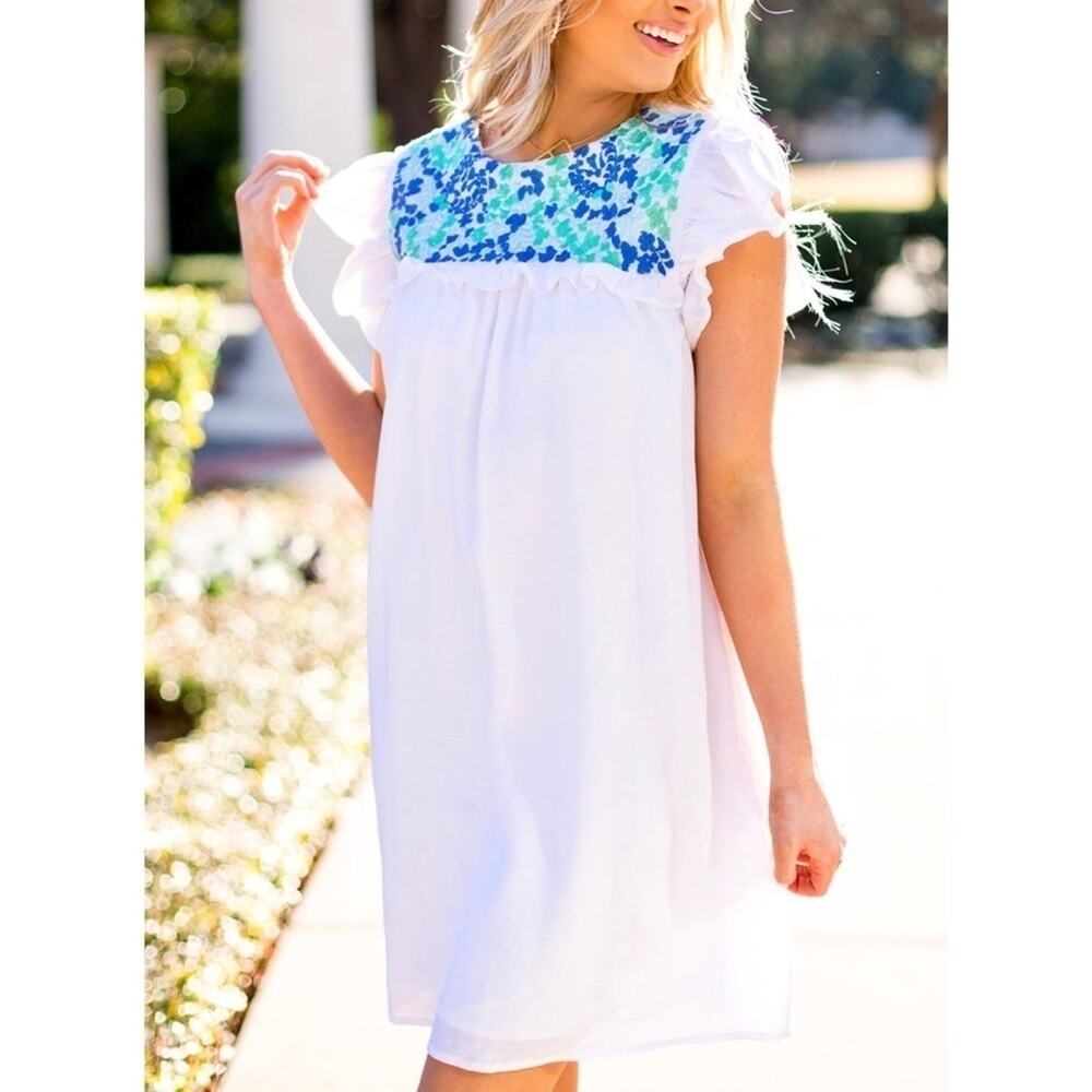 James Ascher White with Turquoise Cerulean Blue Flutter Sleeve Embroidered o